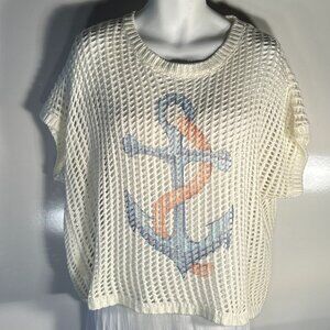 Judith Marsh SZXL White Boxy Open Weave Nautical Graphic Top Resort Preppy Boat